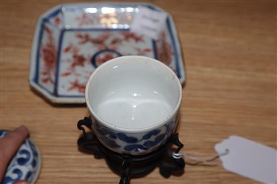 A Chinese Imari canted square dish and a small U-shaped jar, cover and stand, Kangxi period